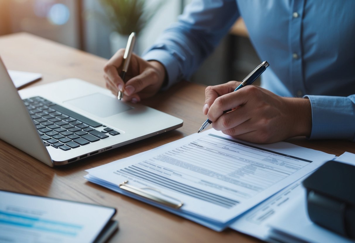 A person filling out paperwork at a desk, with a laptop open and a stack of documents, while a pen hovers over a form