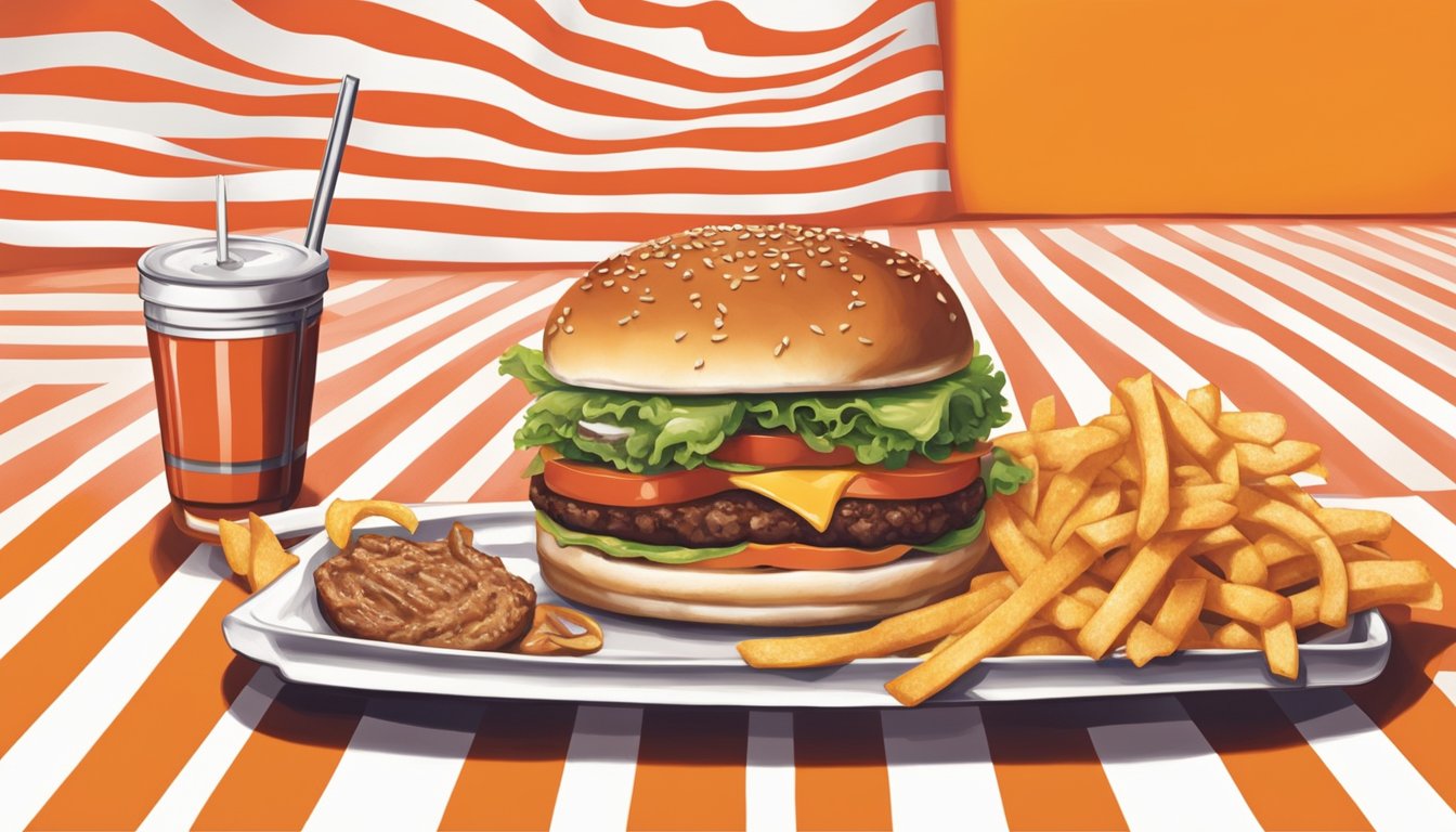 A classic What-A-Burger meal, with a number 13 combo, sits on a red tray against the restaurant's iconic orange and white striped background