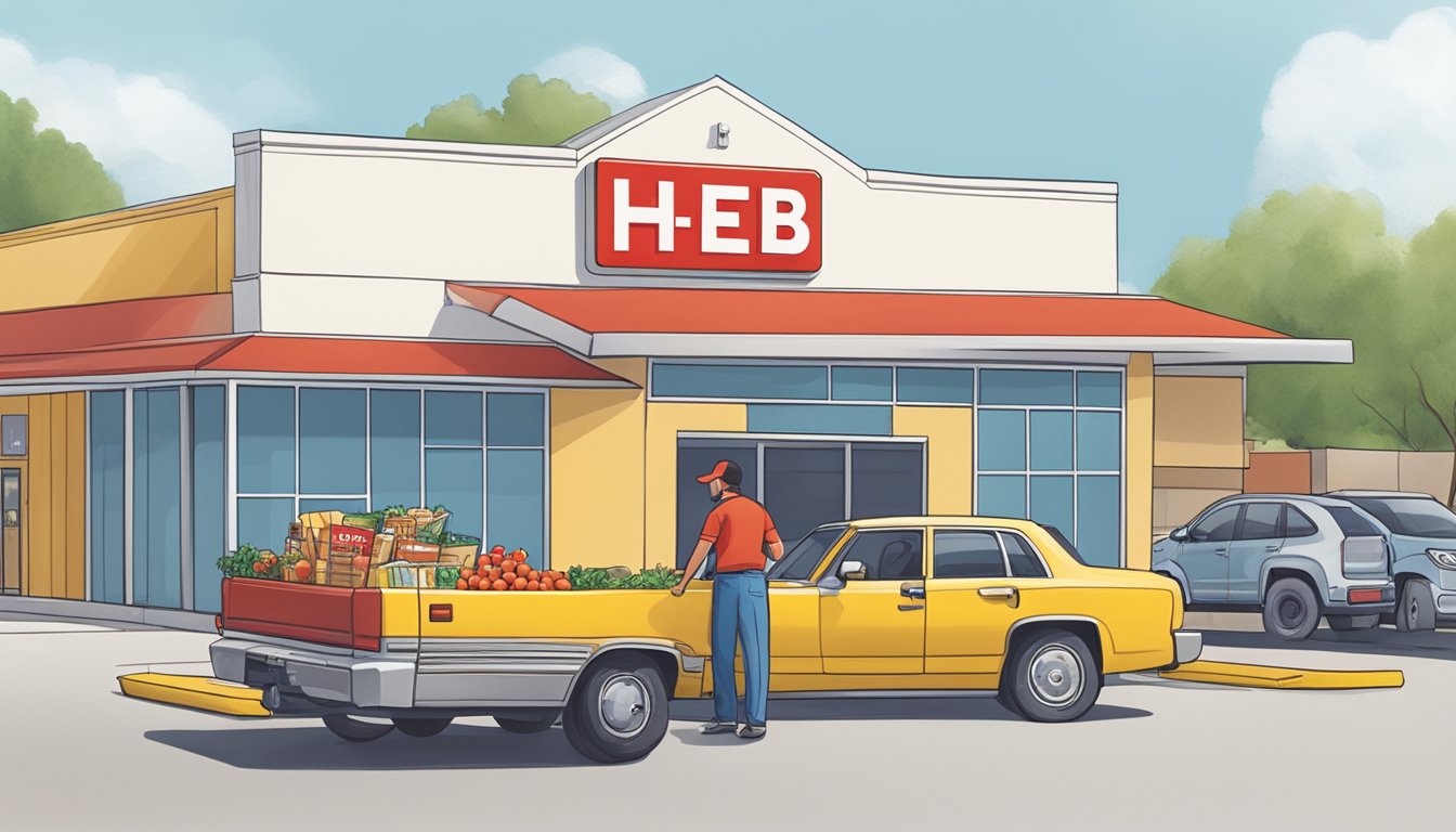 A car parked in front of an H-E-B store with a curbside pickup sign, a staff member loading groceries into the trunk