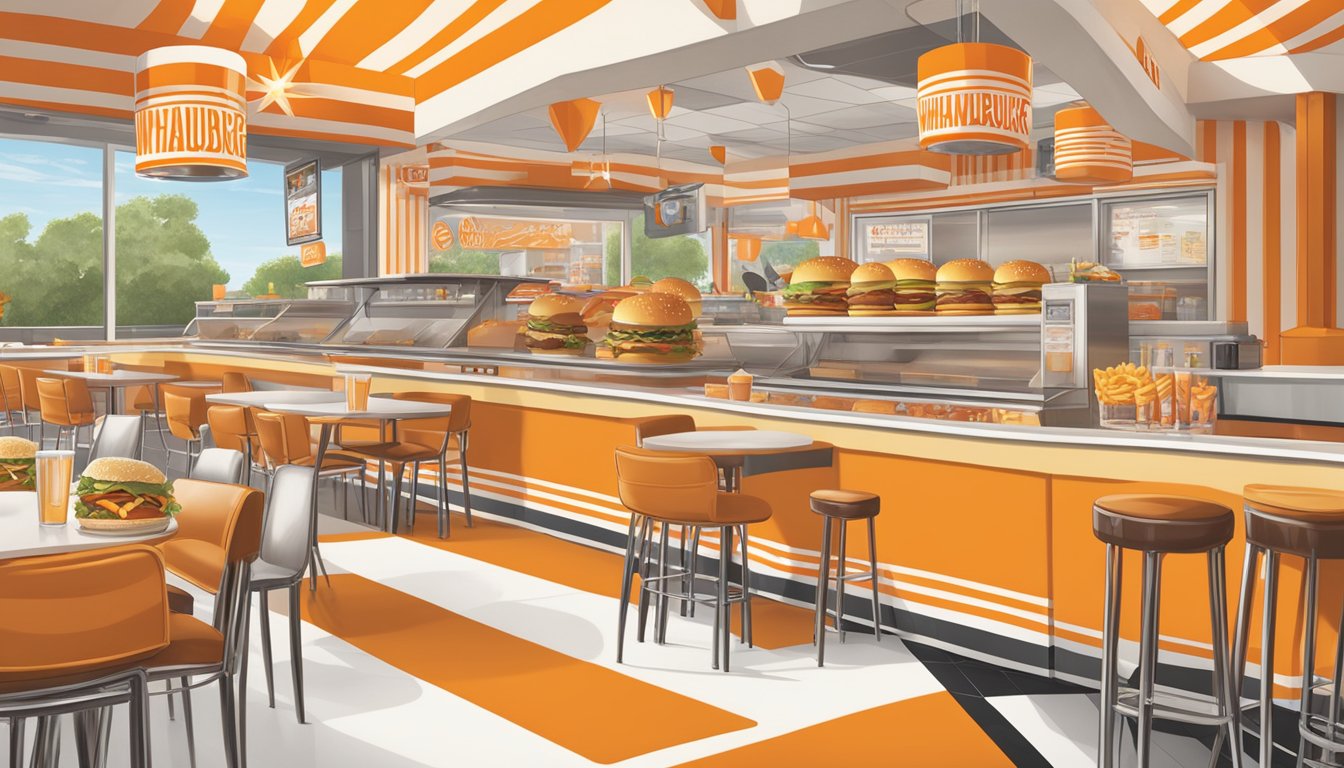 A table with a Whataburger menu, featuring signature items like burgers, fries, and shakes, set against a backdrop of the restaurant's iconic orange and white stripes