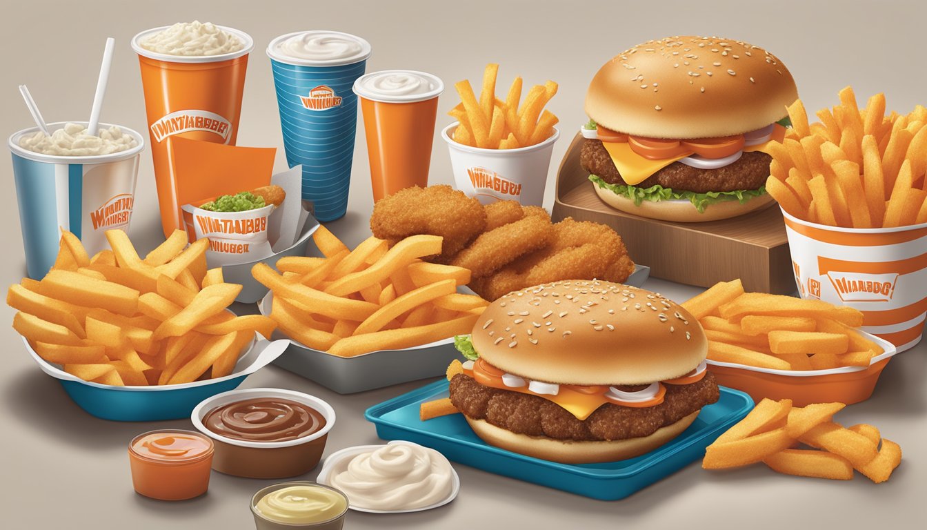 A colorful array of sides and add-ons from the Whataburger menu, including fries, onion rings, and condiments, arranged on a tray