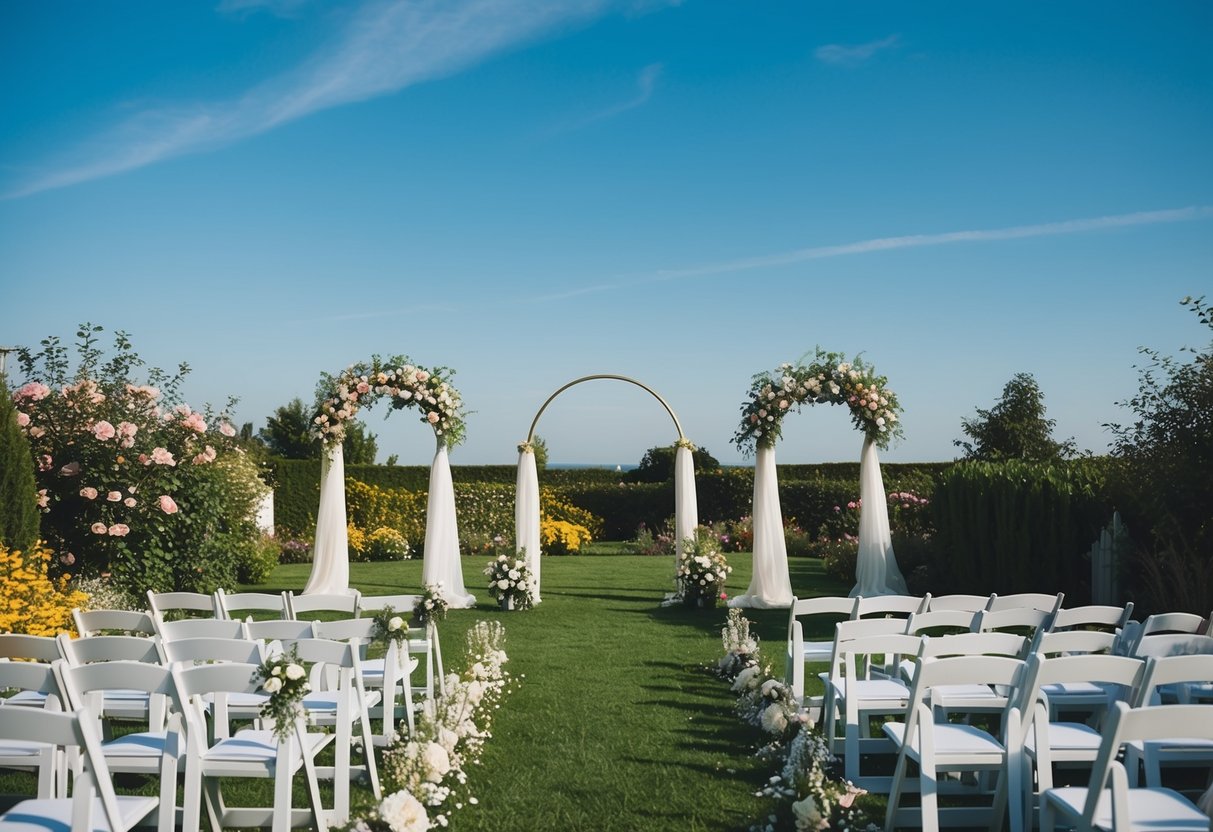 A garden filled with blooming flowers and a clear blue sky, with a line of elegant wedding arches and decorations set up for a ceremony