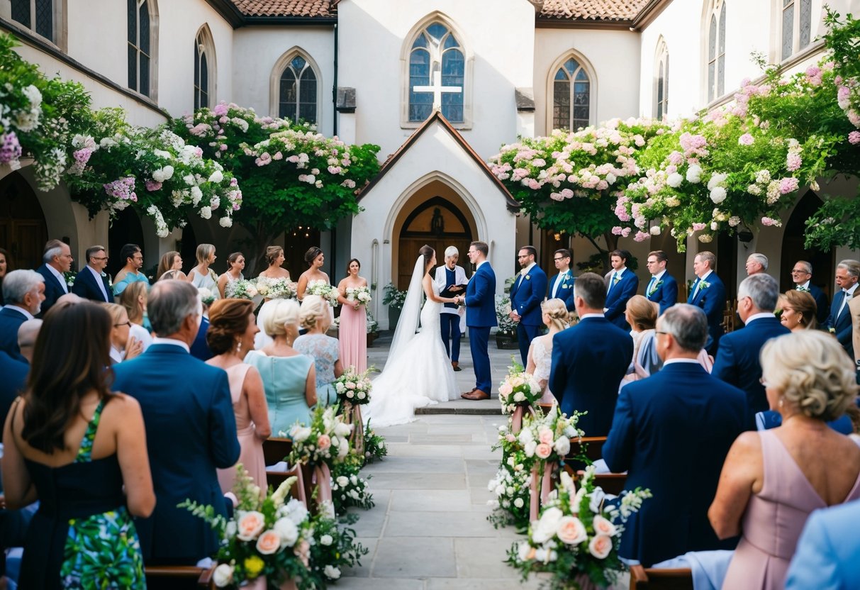A bustling church courtyard in June, filled with blooming flowers, guests in elegant attire, and a bride and groom exchanging vows