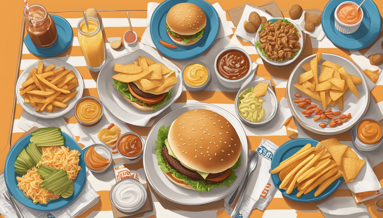 A table with a Whataburger menu spread out, surrounded by various food items and condiments