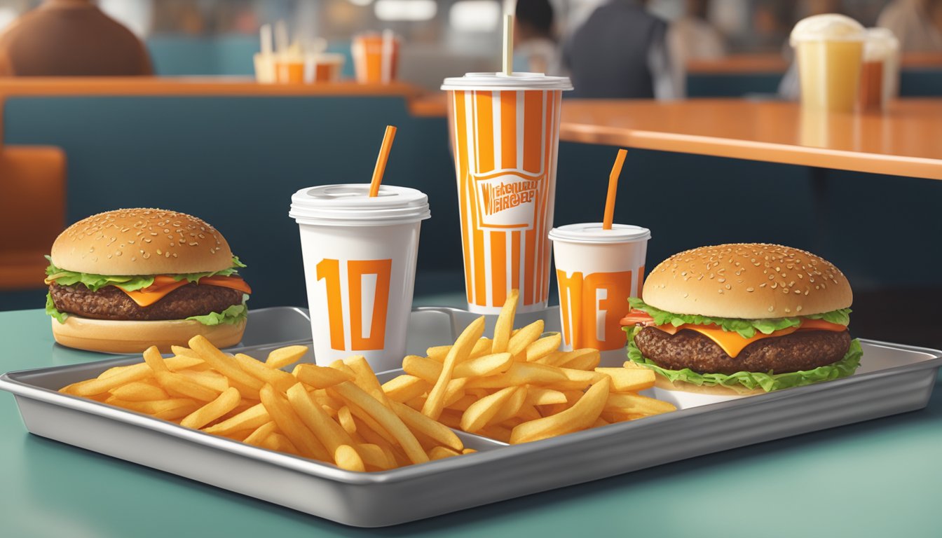 A tray with a Whataburger number 13 meal, including a burger, fries, and a drink, sits on a table in a fast-food restaurant