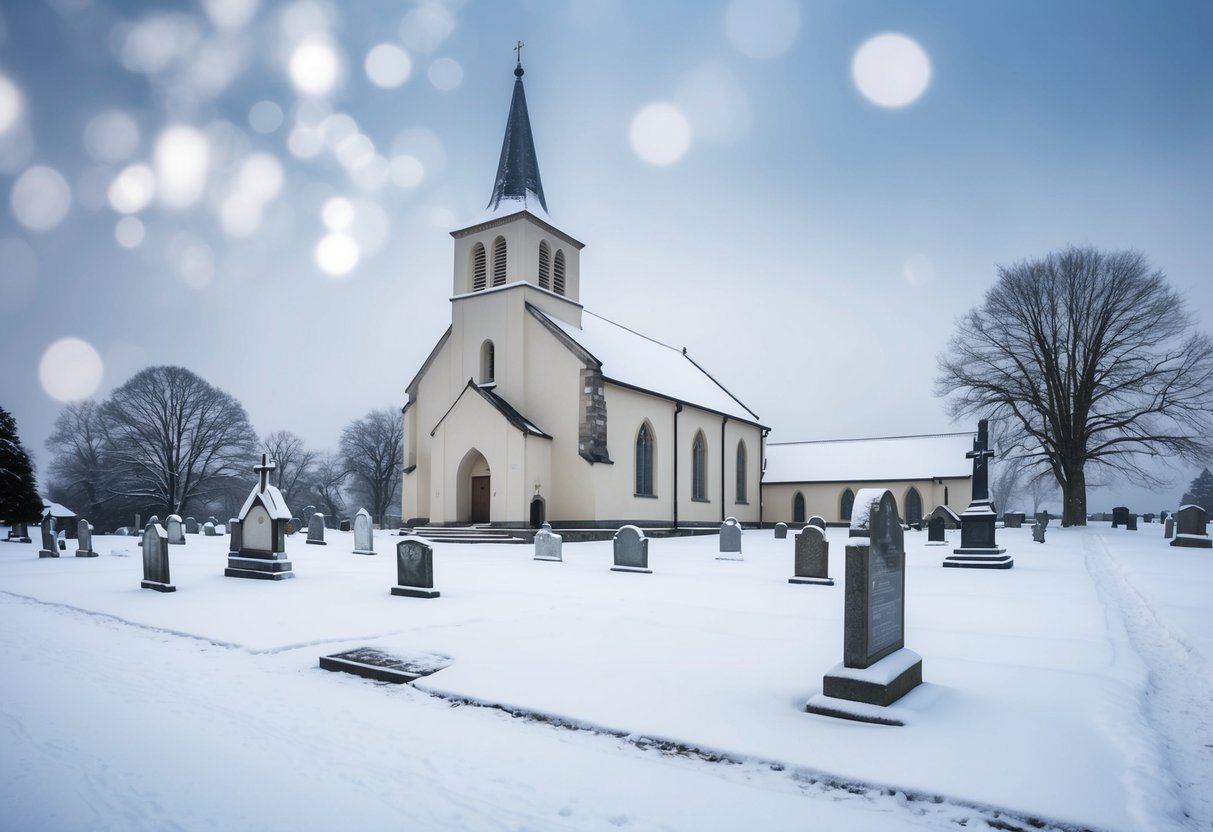 A desolate, snow-covered churchyard on a bitterly cold January day
