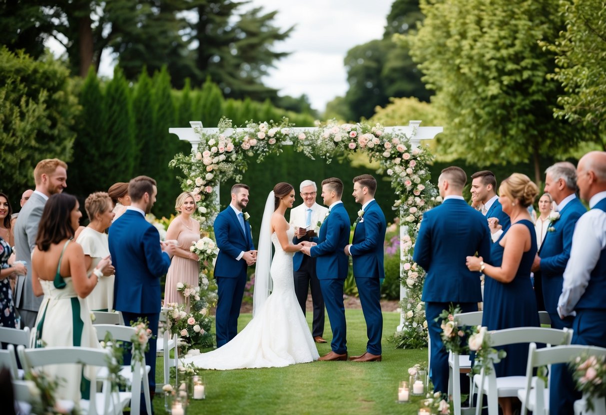 A bustling wedding venue in June, with couples exchanging vows under a floral arch and guests mingling in the garden