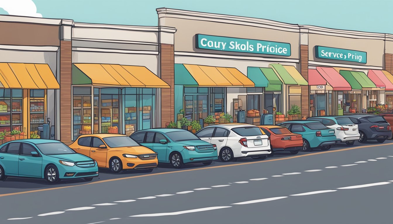 A line of cars waiting at a curbside pickup area outside a grocery store, with signs indicating different pricing tiers for the service