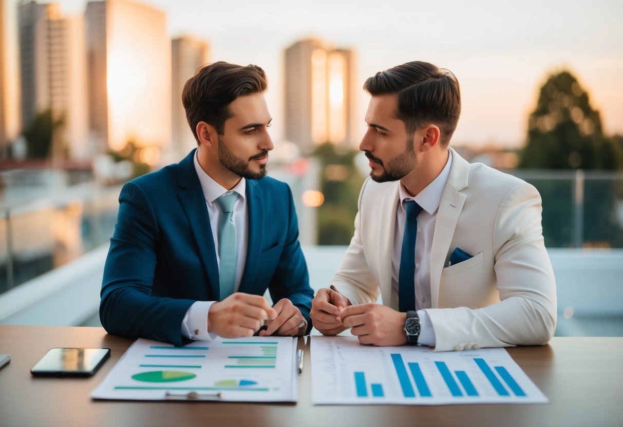 A couple sitting at a table with a spreadsheet, discussing and dividing wedding expenses