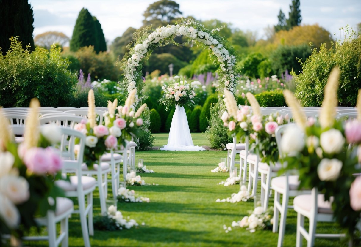 A garden filled with blooming flowers and a beautiful archway, set up for a wedding ceremony