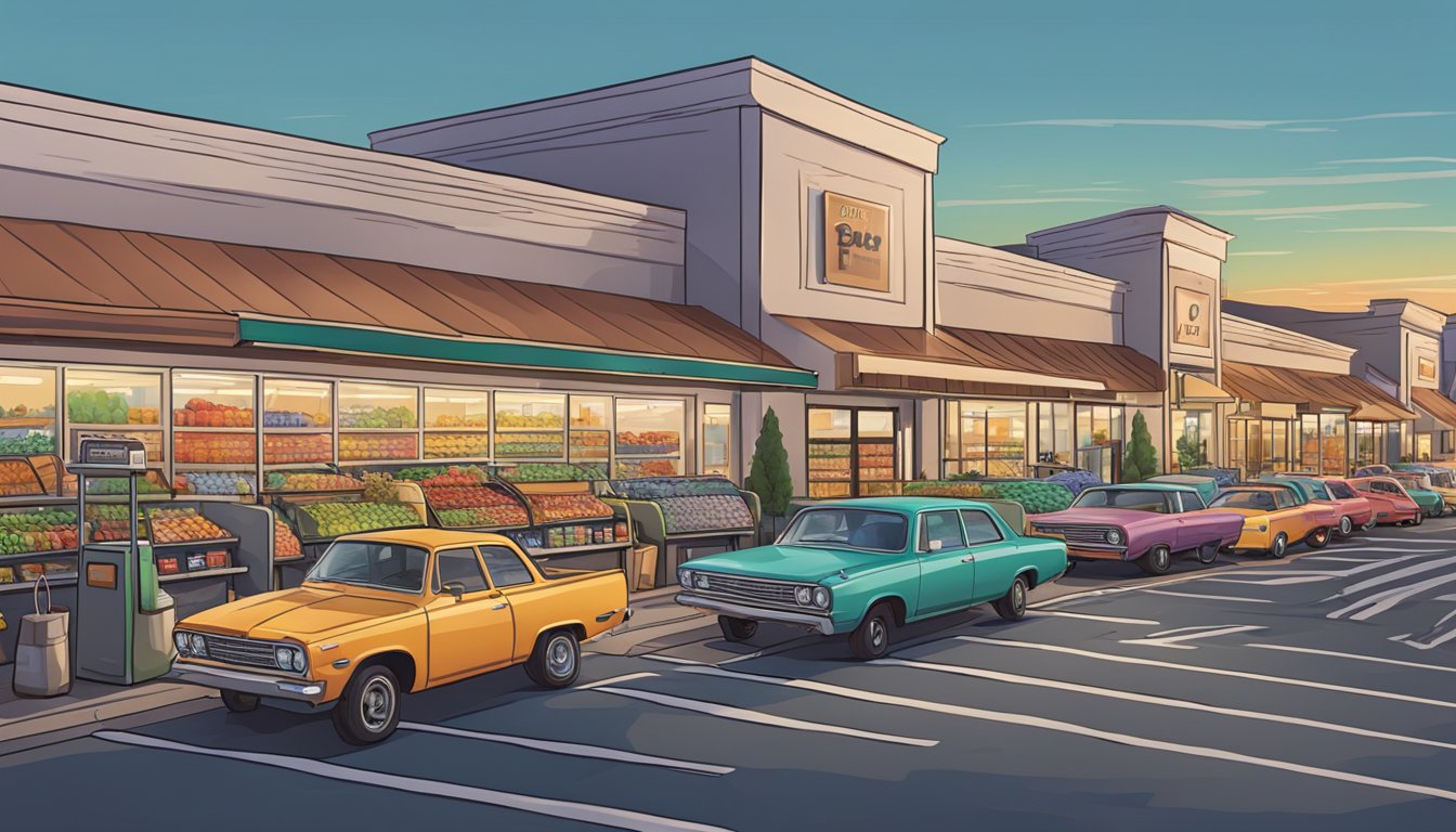 A bustling grocery store parking lot at dusk, with colorful cars and shopping carts lined up outside