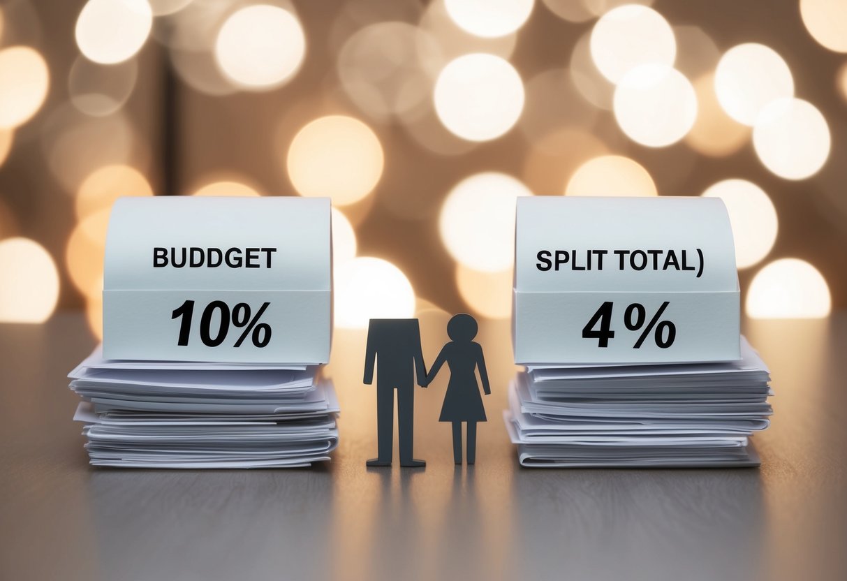 A table with wedding budget categories and percentages split between two people