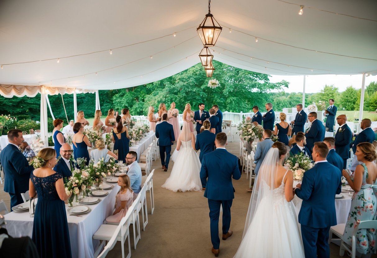 A bustling wedding venue in June with couples, families, and vendors preparing for ceremonies and celebrations