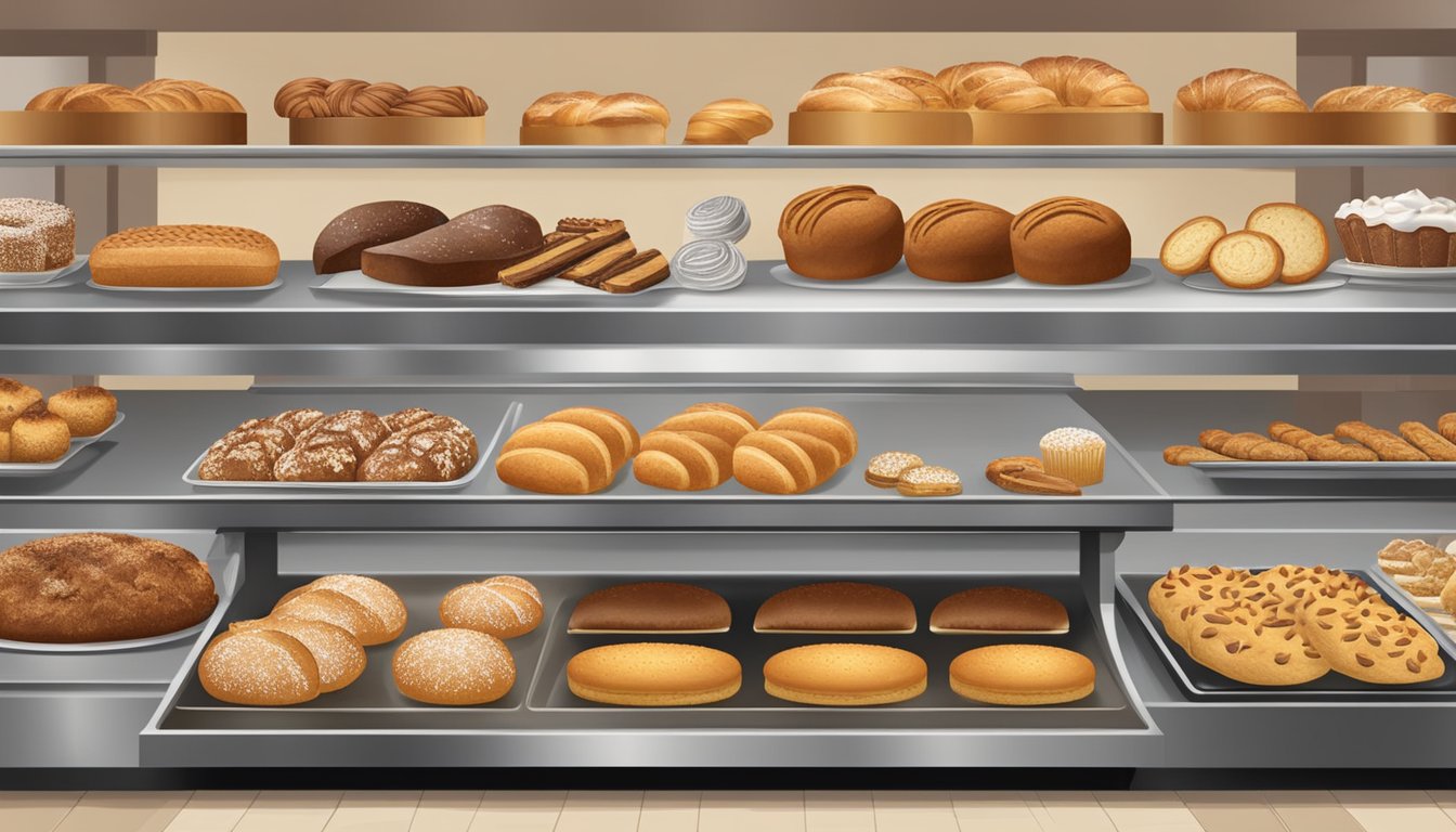 Various types of baked goods are displayed on a counter at the HEB bakery, including bread, pastries, cookies, and cakes