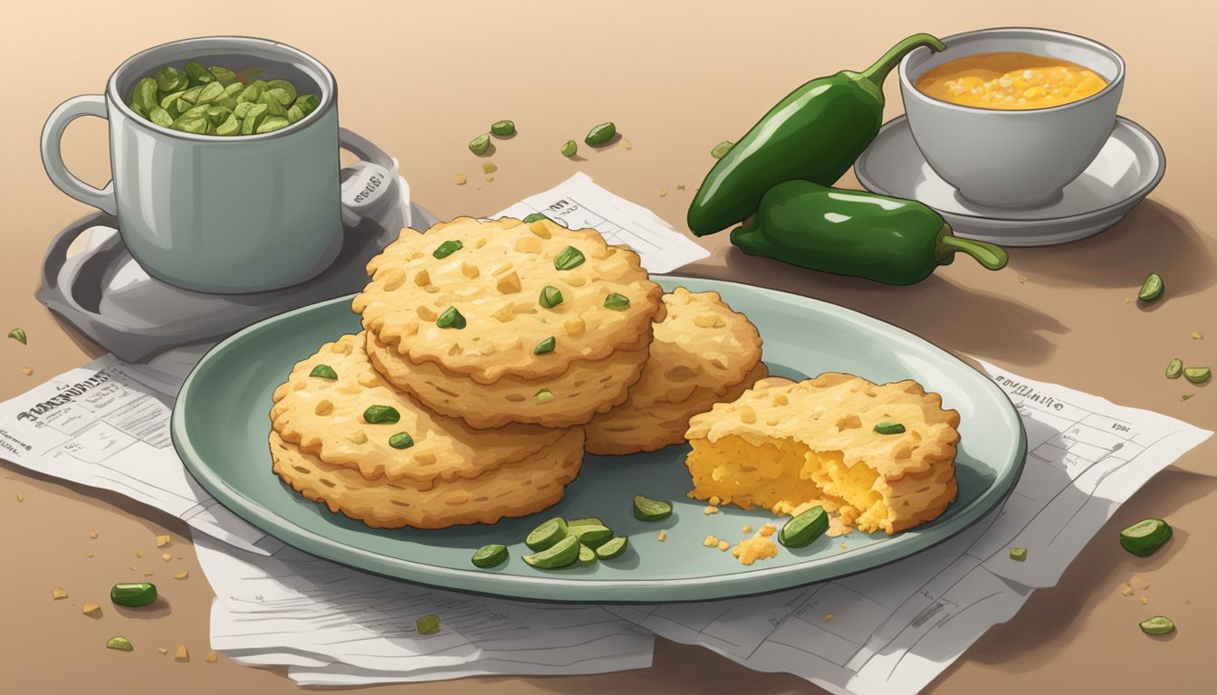 A steaming jalapeno cheddar biscuit sits on a plate, surrounded by scattered crumbs and a small cup of nutritional information