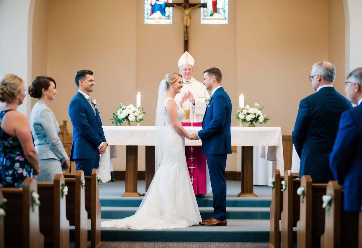A bride and groom stand at the altar, practicing their vows as a priest looks on