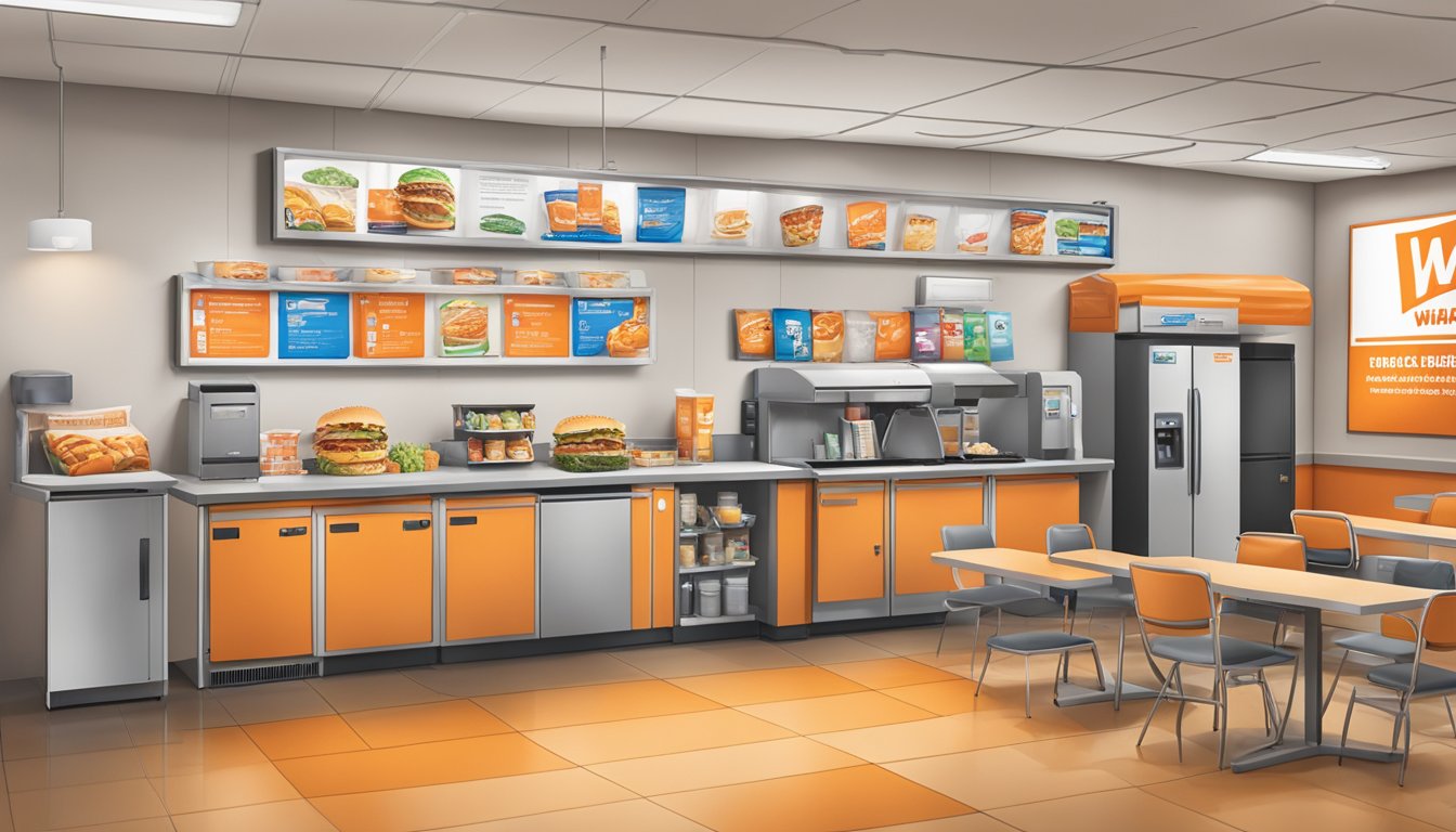 A bustling Whataburger employee break room with a bulletin board, computer stations, and a fridge filled with snacks and drinks