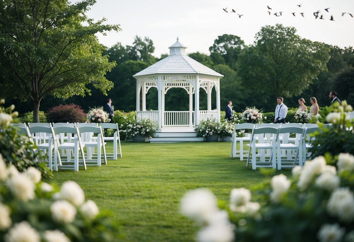 A wedding rehearsal: a serene garden with a white gazebo, surrounded by blooming flowers and lush greenery. A gentle breeze carries the sound of birds chirping and distant laughter