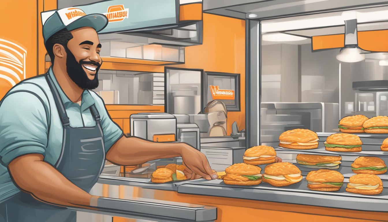 A steaming jalapeno cheddar biscuit is being handed to a smiling customer at a Whataburger counter