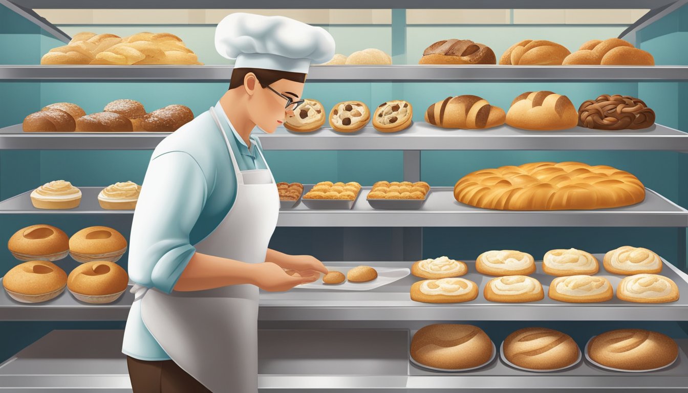 A baker carefully selects and arranges freshly baked goods in a display case, ensuring each item reflects the commitment to quality and freshness at the HEB bakery