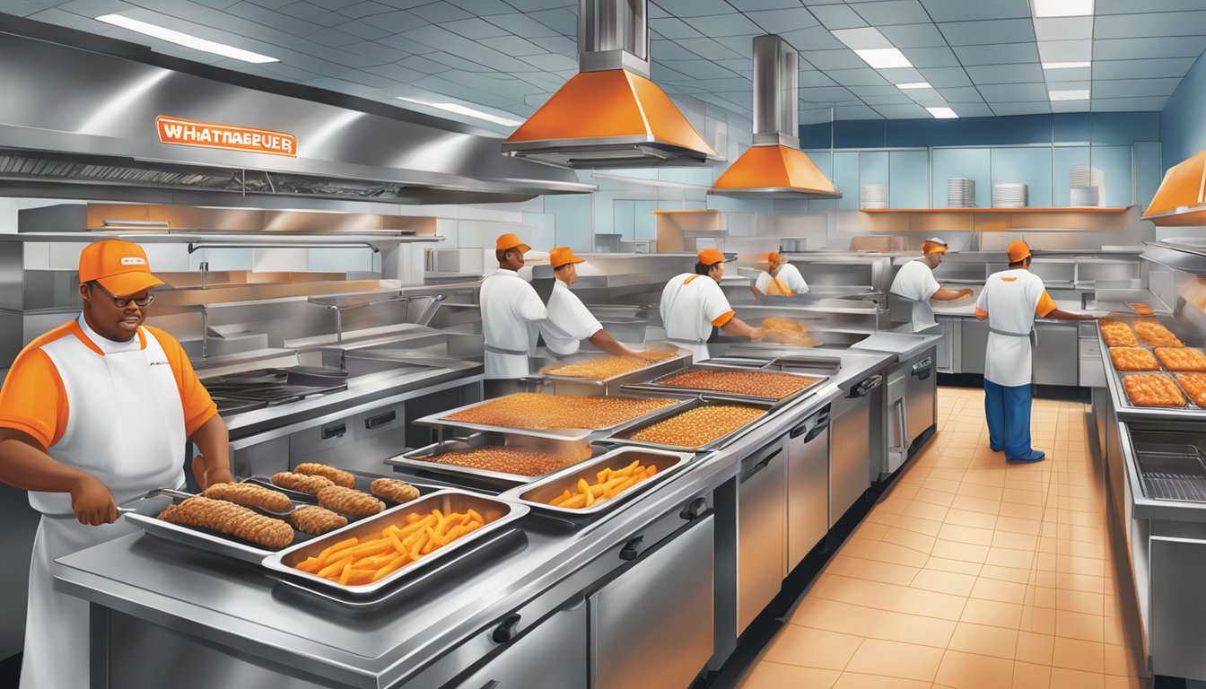 A bustling Whataburger kitchen with sizzling grills, fryers, and a colorful array of ingredients. Employees work efficiently, assembling orders with precision