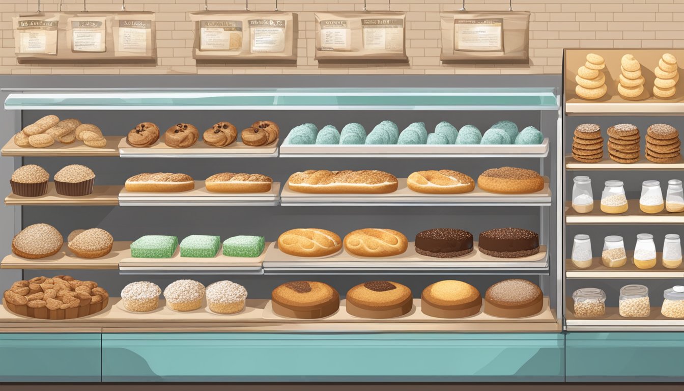 A bakery display with clear nutritional information and allergen warnings for various products