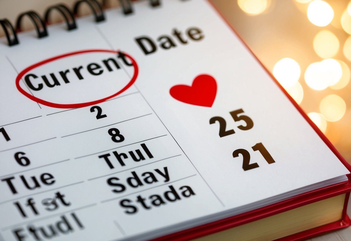 A calendar with the current date circled and a future date marked with a heart