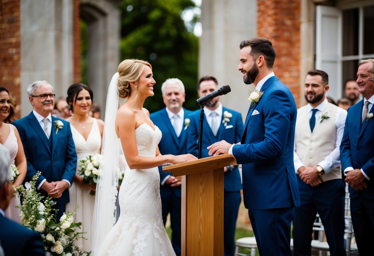 A bride and groom stand at a podium, surrounded by family and friends, as they deliver their vows and speeches flawlessly at their wedding