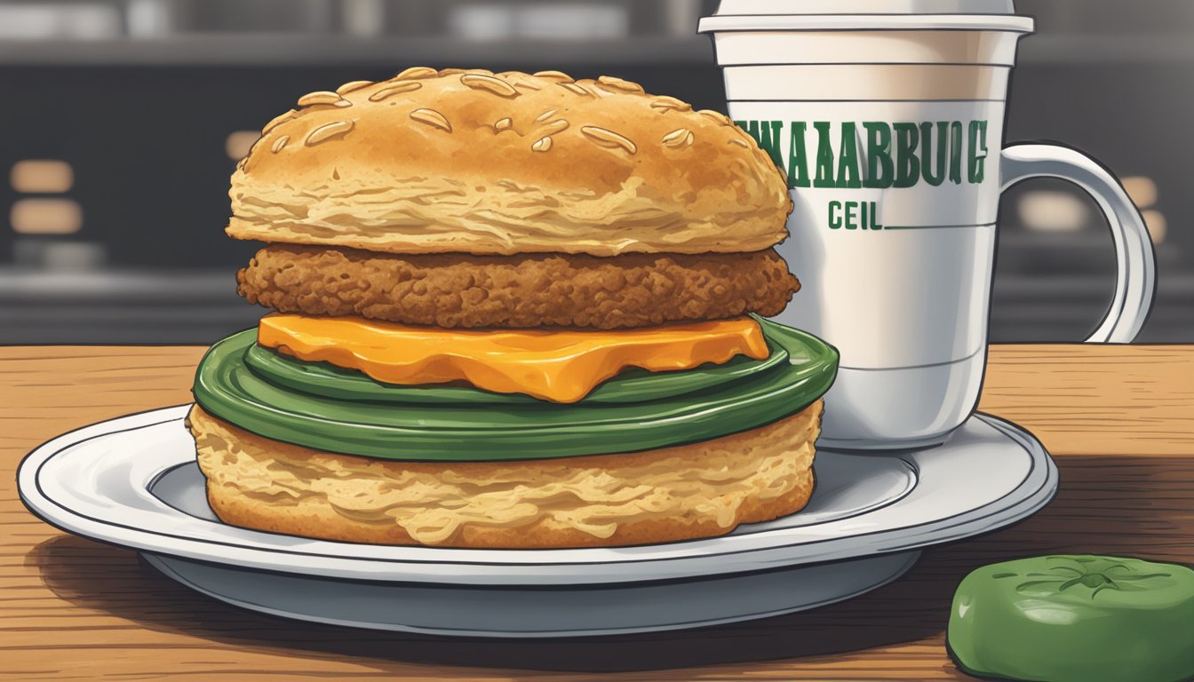 A steaming jalapeno cheddar biscuit sits beside a hot cup of coffee, with a Whataburger logo visible in the background