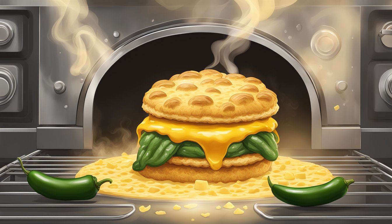 A sizzling jalapeno cheddar biscuit emerges from a golden oven, surrounded by a halo of steam and the aroma of melted cheese