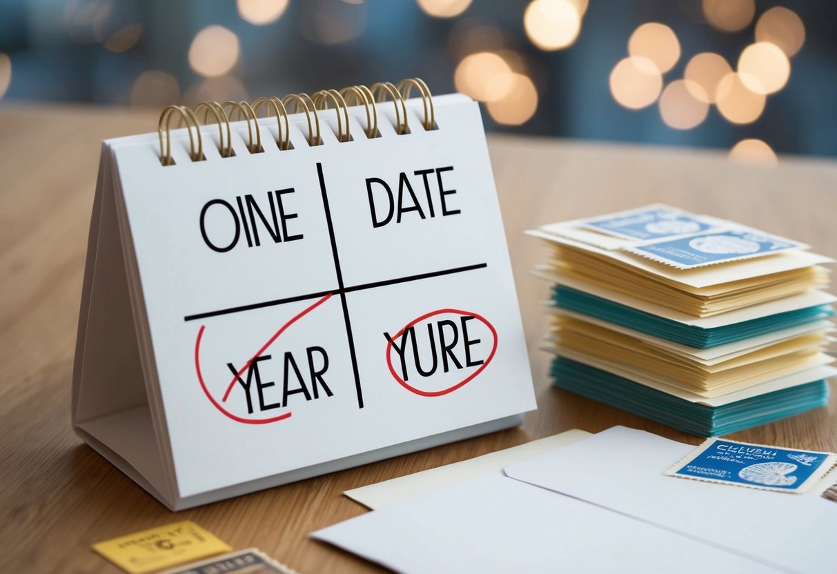 A calendar with the current date crossed out and the date one year in the future circled. A stack of envelopes and stamps nearby