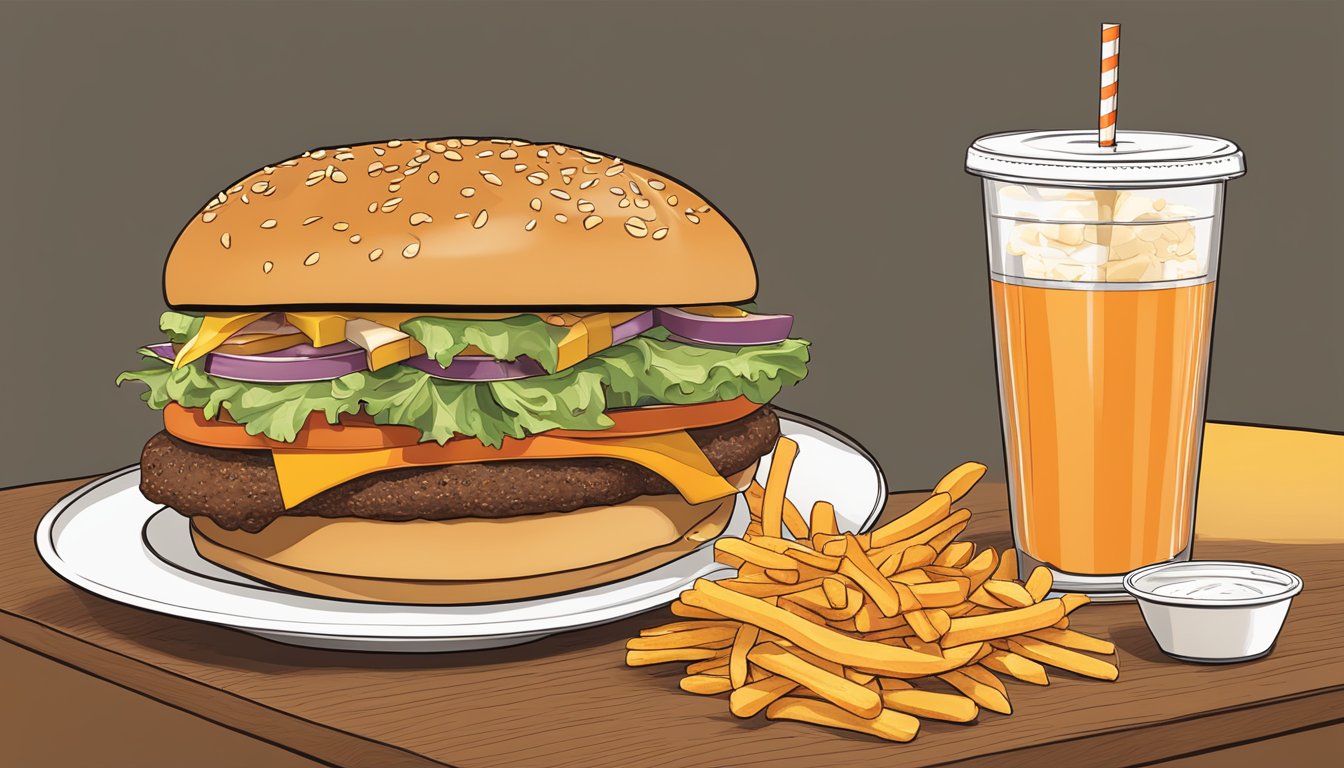 A table set with a Whataburger meal, including a burger, fries, and drink, with a calorie count displayed next to each item