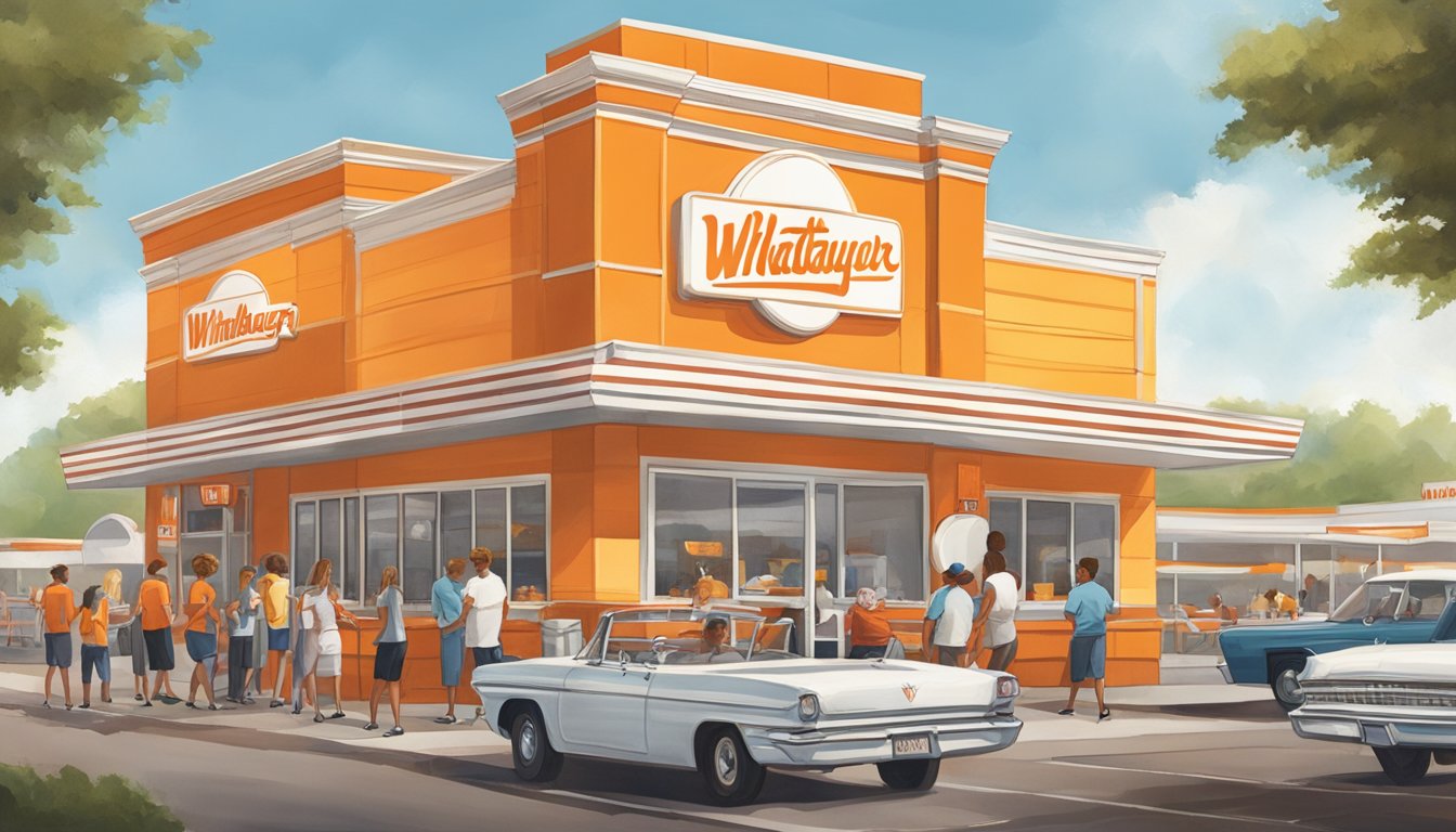 A bustling Whataburger restaurant in Monroe, LA, with the iconic orange and white striped building and customers enjoying their meals