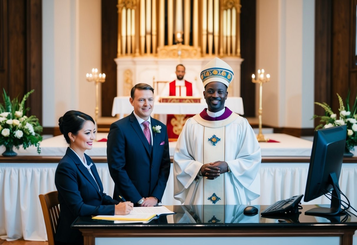 A celebrant stands in front of an altar while a registrar sits at a desk with a computer and paperwork. The celebrant is dressed in ceremonial attire, while the registrar wears professional clothing