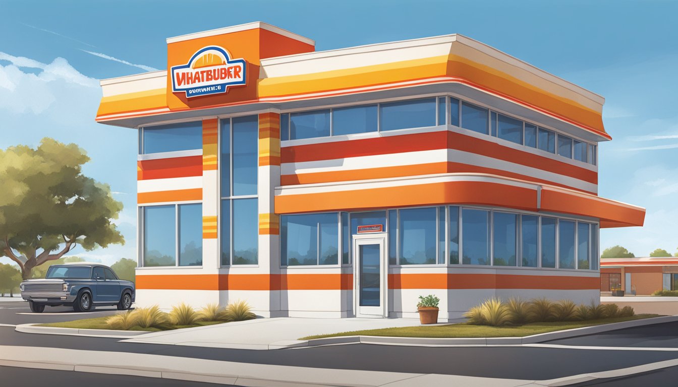 The iconic orange and white striped building of Whataburger stands proudly against a blue sky, with the bright red and yellow logo displayed prominently