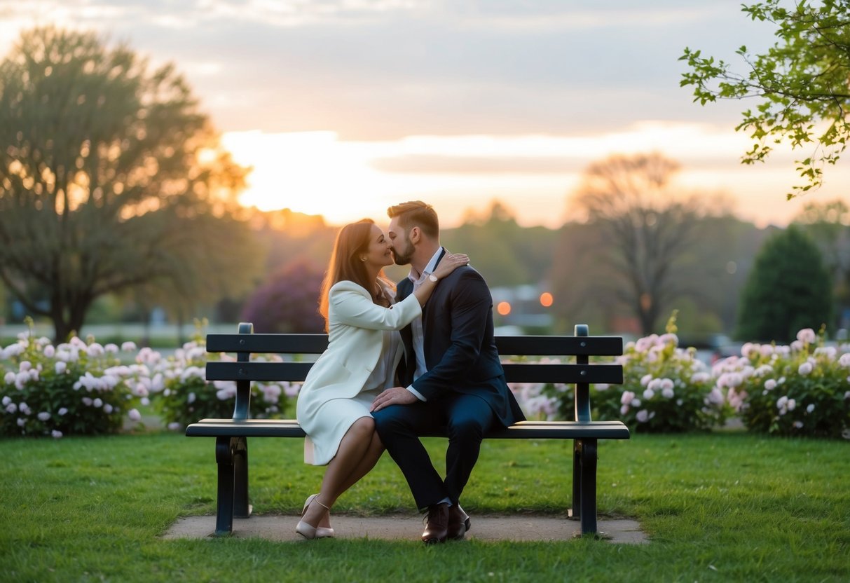 A couple sitting on a park bench, surrounded by blooming flowers and a serene sunset, sharing a tender embrace