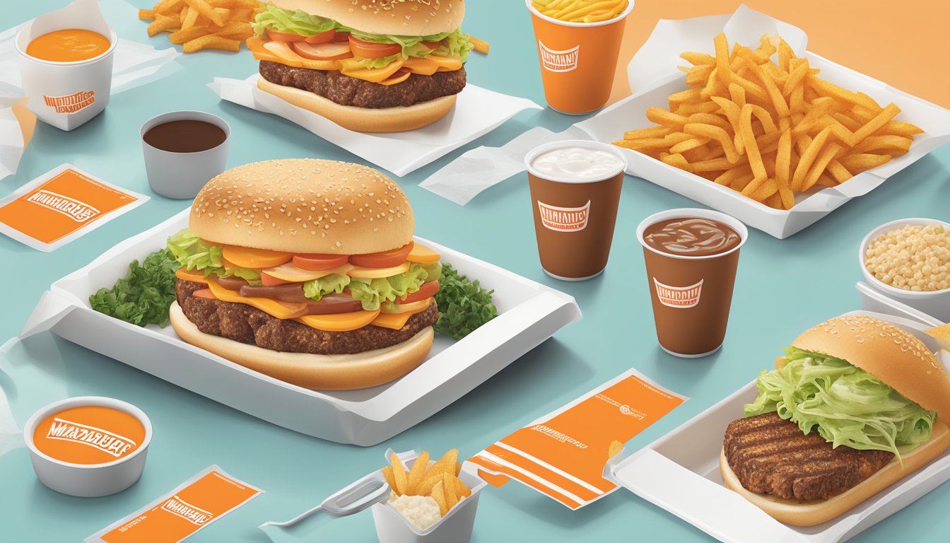 A colorful spread of customizable Whataburger meals with nutrition information displayed