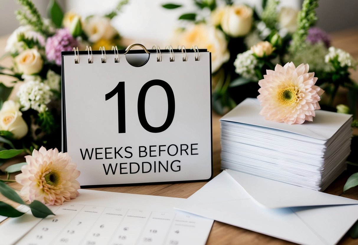 A calendar with the date 10 weeks before a wedding, surrounded by floral decorations and a stack of blank invitations