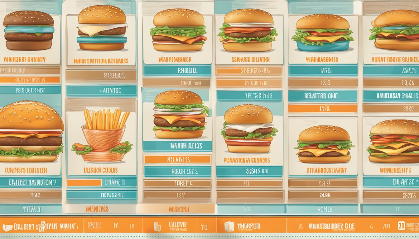 A colorful menu board displaying Whataburger's dietary guides and calorie counts for each item