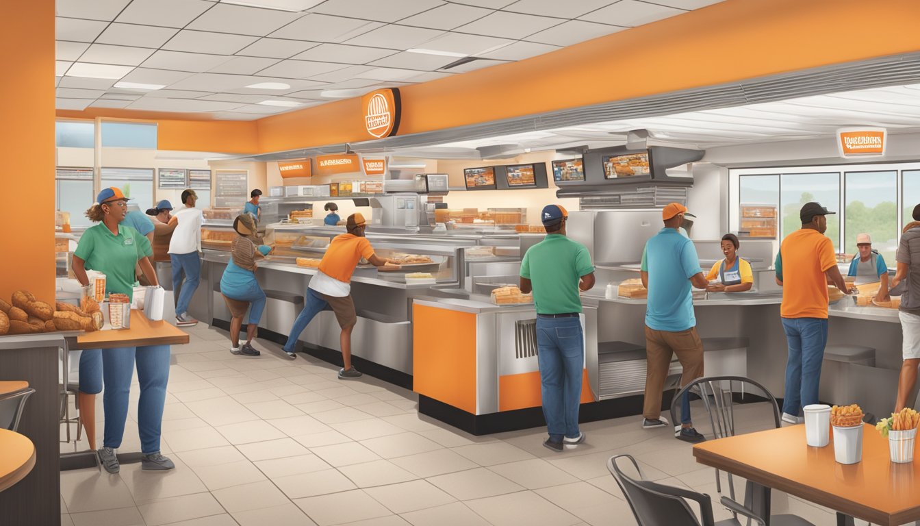 A bustling Whataburger in Monroe, LA, with customers enjoying their meals at booths and tables, while staff members work behind the counter and in the kitchen