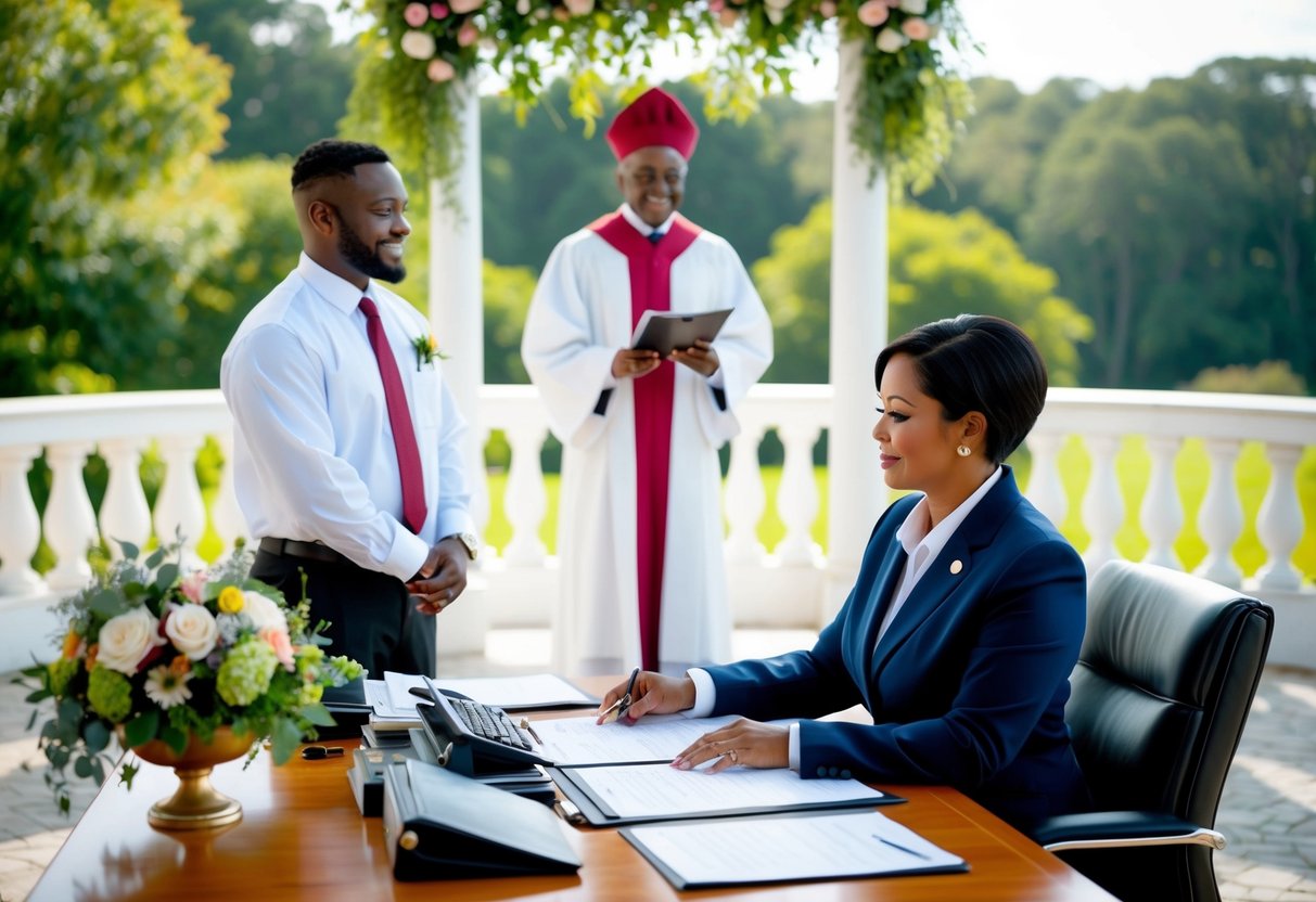 A celebrant stands at an outdoor altar, surrounded by flowers and greenery. A registrar sits at a desk in a government office, surrounded by paperwork and official documents