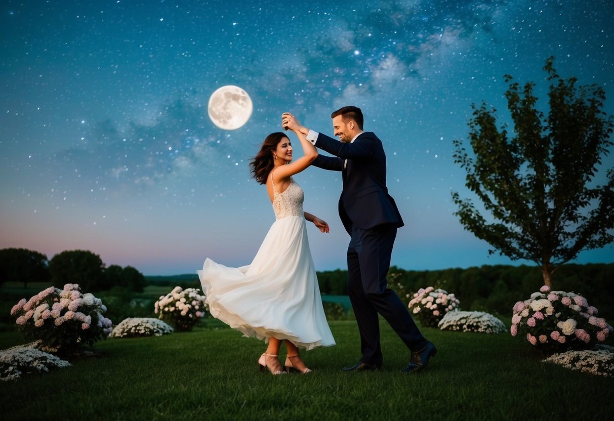 A couple dancing under a starry sky, surrounded by blooming flowers and a serene, moonlit landscape