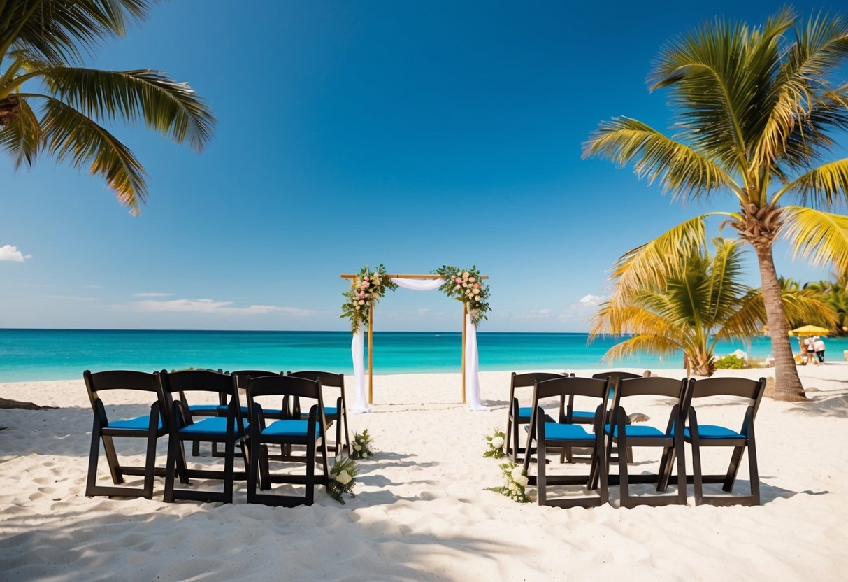 A beach with a wedding setup, including chairs, an arch, and decorations. The setting is tropical with palm trees and a clear blue sky