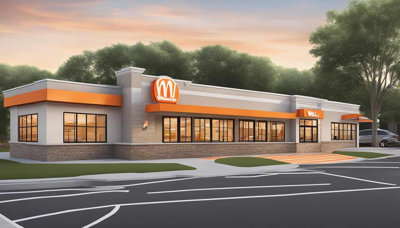 A wheelchair ramp leads to the entrance of a well-lit WhatABurger restaurant, with accessible parking spaces nearby