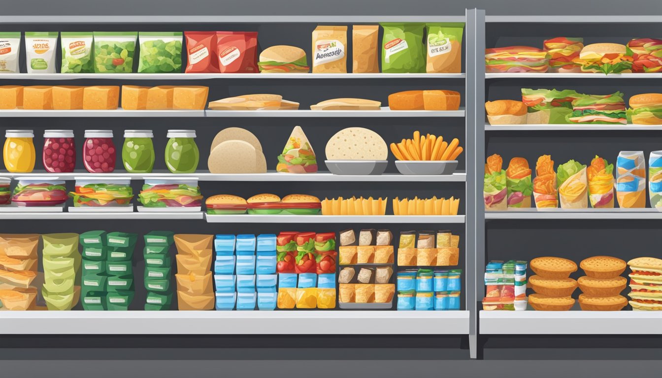 A colorful display of packaged food items, including sandwiches, salads, and snacks, arranged on shelves with price tags