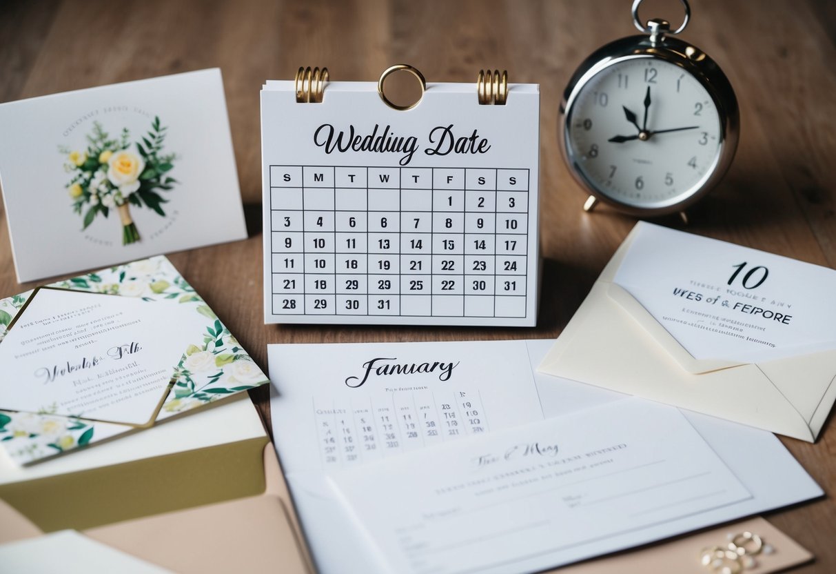 A calendar with a wedding date marked, surrounded by various wedding invitation designs and envelopes, with a clock showing the current date 10 weeks before the wedding