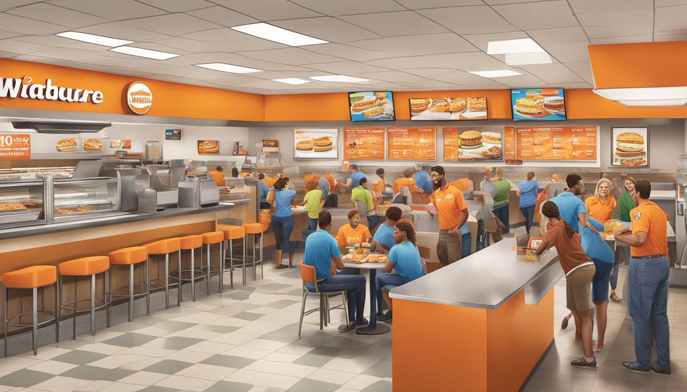 A bustling Whataburger in Monroe, LA with customers enjoying promotions and engaging with staff