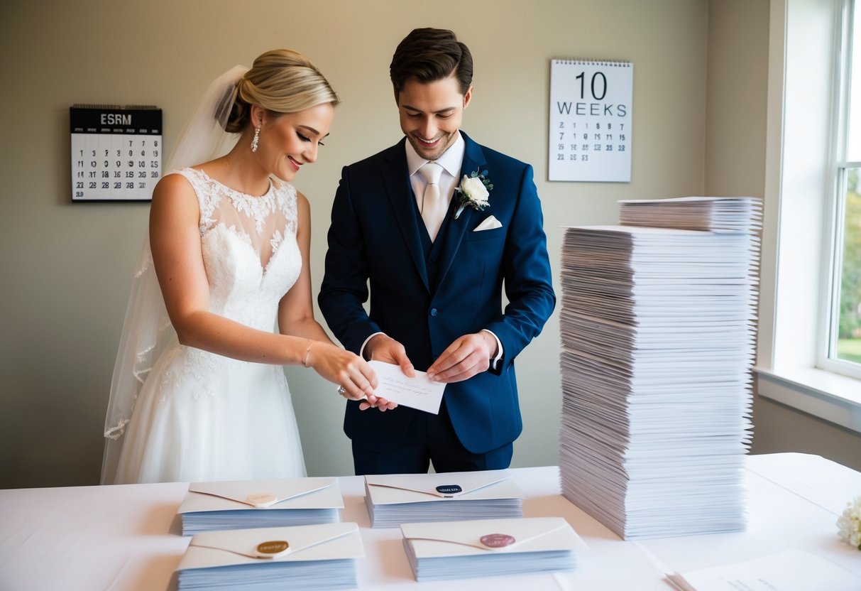 A bride and groom stand at a table, addressing envelopes and affixing stamps to a stack of elegant wedding invitations. A calendar on the wall shows the date as 10 weeks before the wedding
