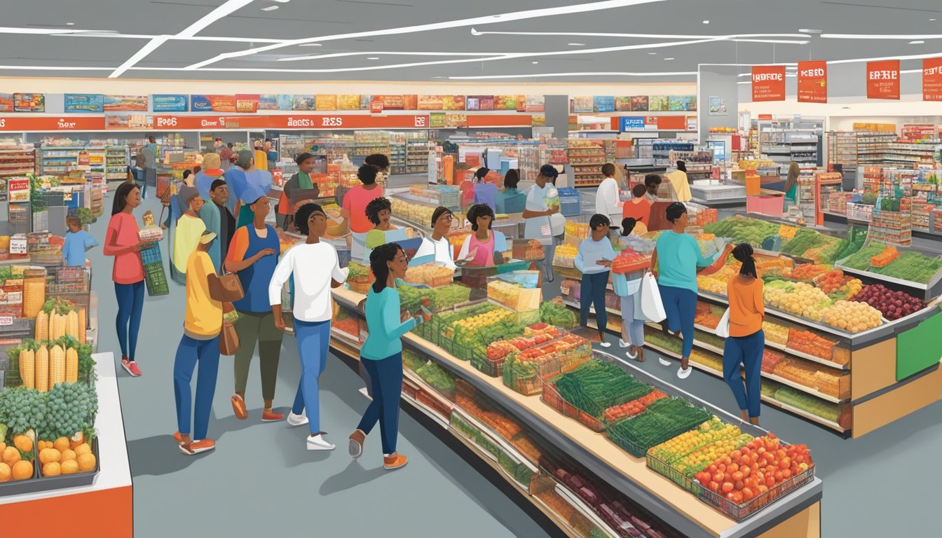 A bustling H-E-B store with diverse customers browsing aisles, employees stocking shelves, and a sense of community as people interact and shop