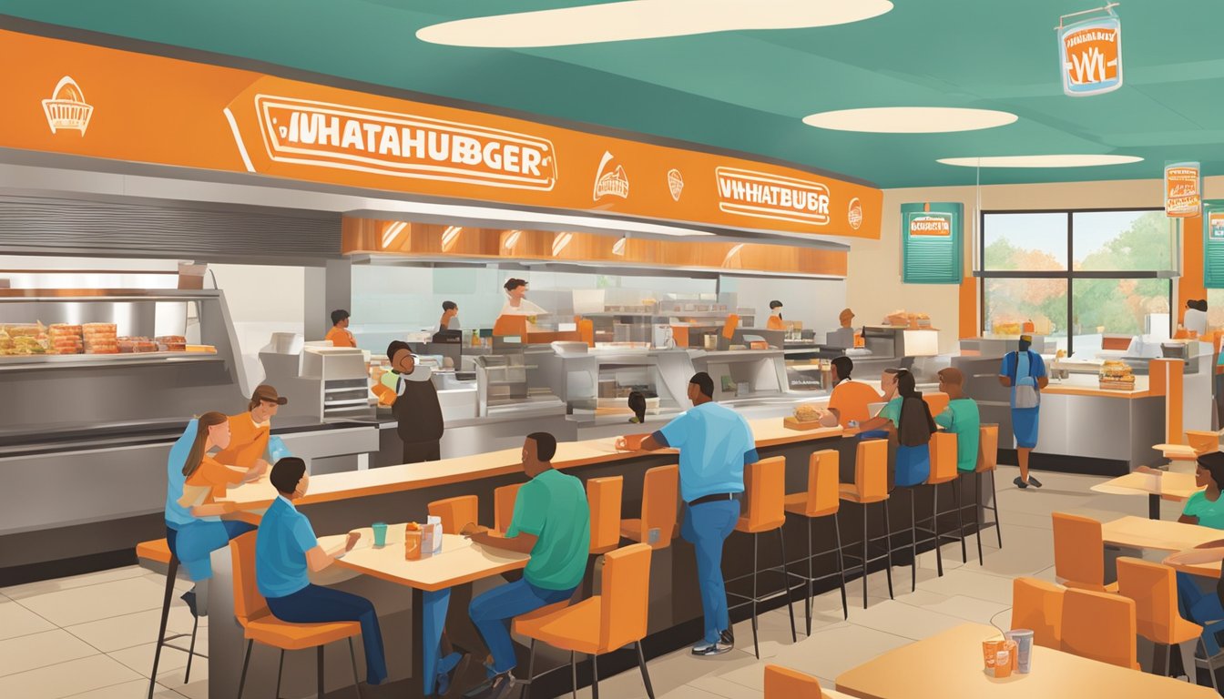 Customers enjoying Whataburger in Monroe, LA, with a bustling dining area and a counter with staff taking orders